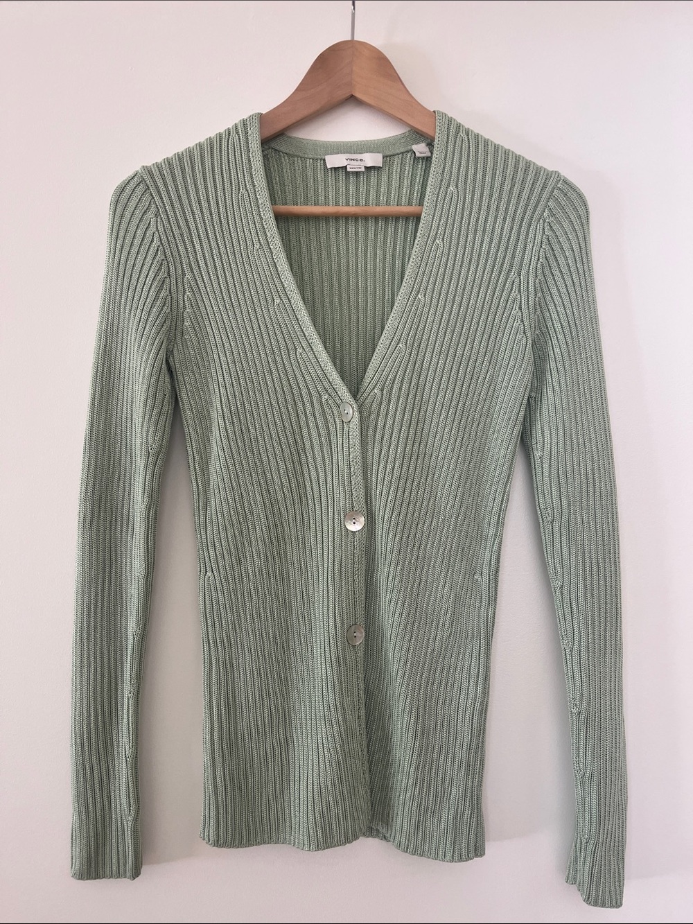 Vince seafoam green slinky cardigan with mother of pearl buttons